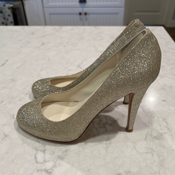 Something Bleu Women’s Slip On Peep Toe Dress Glitter Pump Heels Size 8.5 Gold - Picture 6 of 9